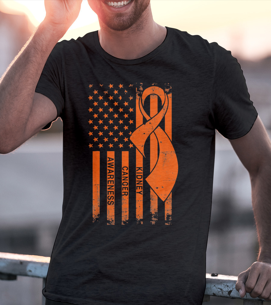 Kidney Cancer Awareness Orange Ribbon American Flag T-Shirt
