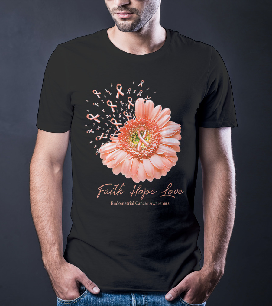 Faith Hope Love Endometrial Cancer Awareness Pink Ribbon Flower T-Shirt