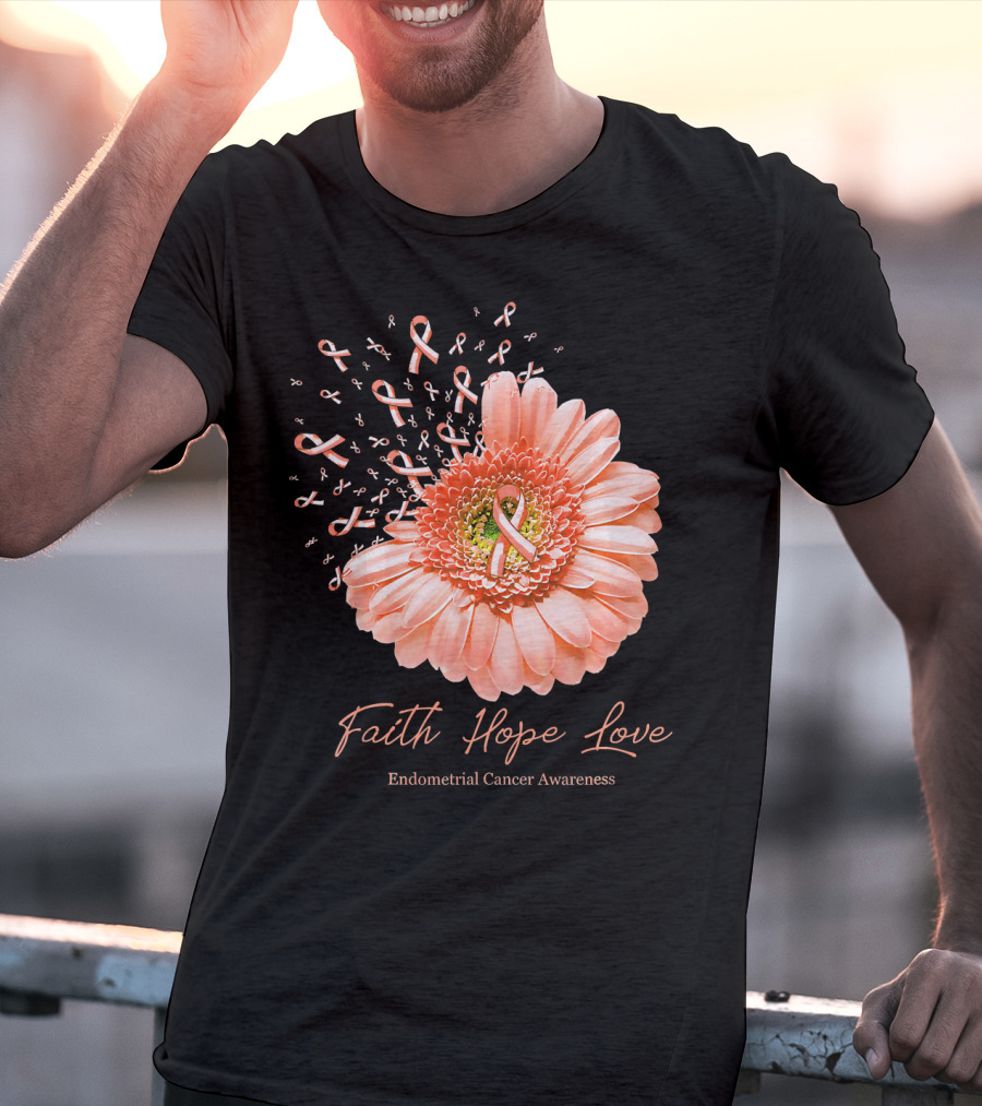 Faith Hope Love Endometrial Cancer Awareness Pink Ribbon Flower T-Shirt