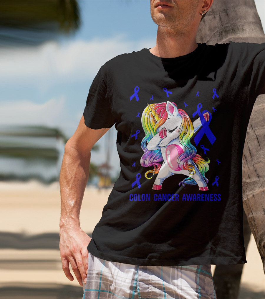 Colon Cancer Awareness Unicorn Dabbing With Blue Ribbons T-Shirt