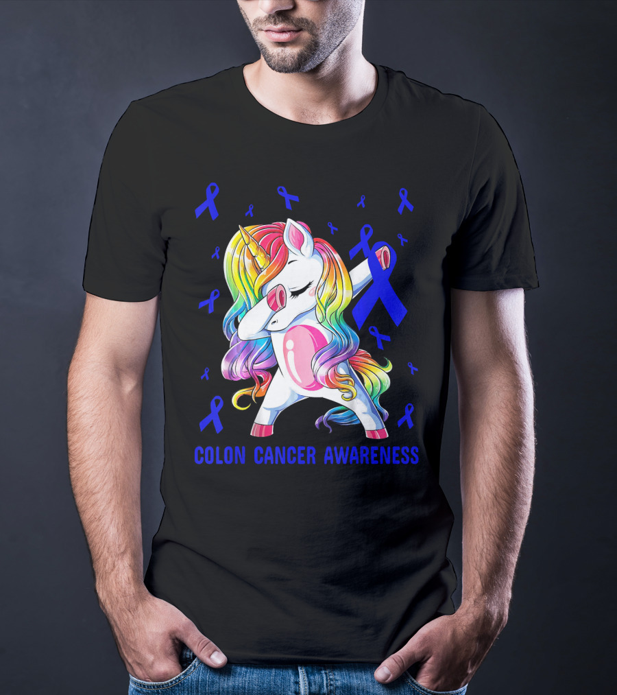 Colon Cancer Awareness Unicorn Dabbing With Blue Ribbons T-Shirt