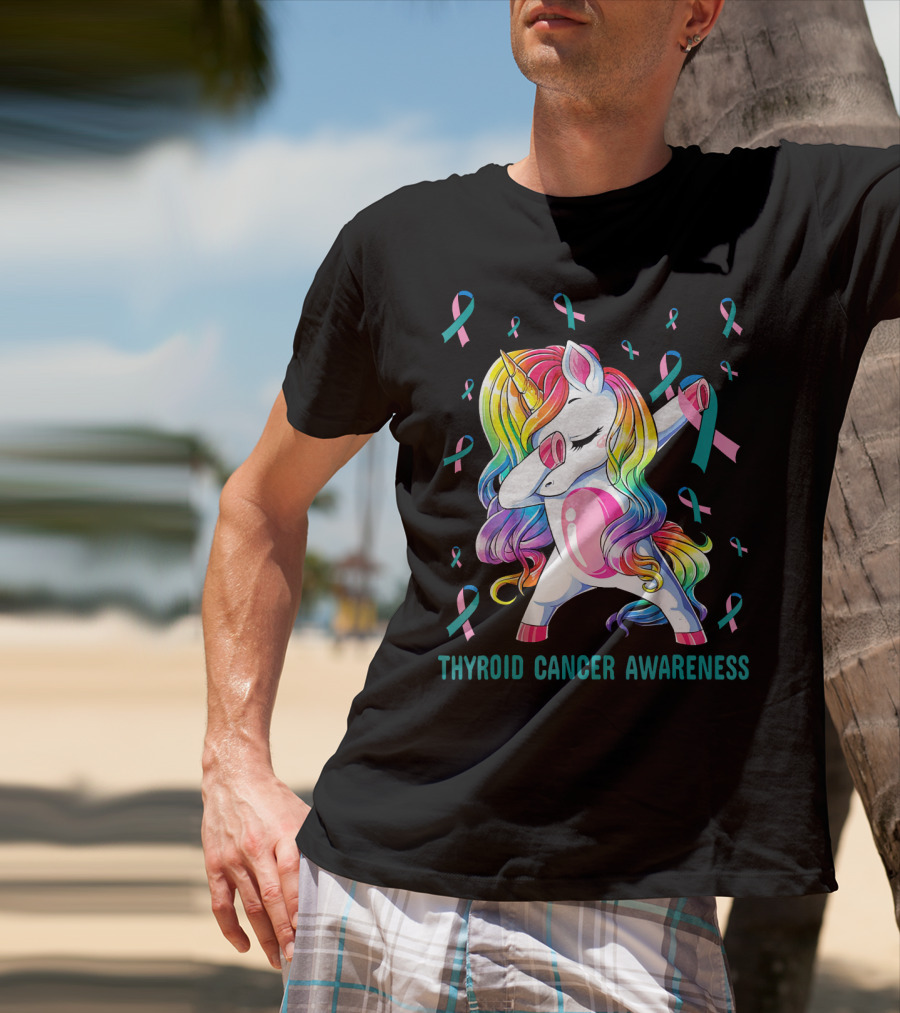 Dabbing Unicorn Rainbow Thyroid Cancer Awareness T-Shirt
