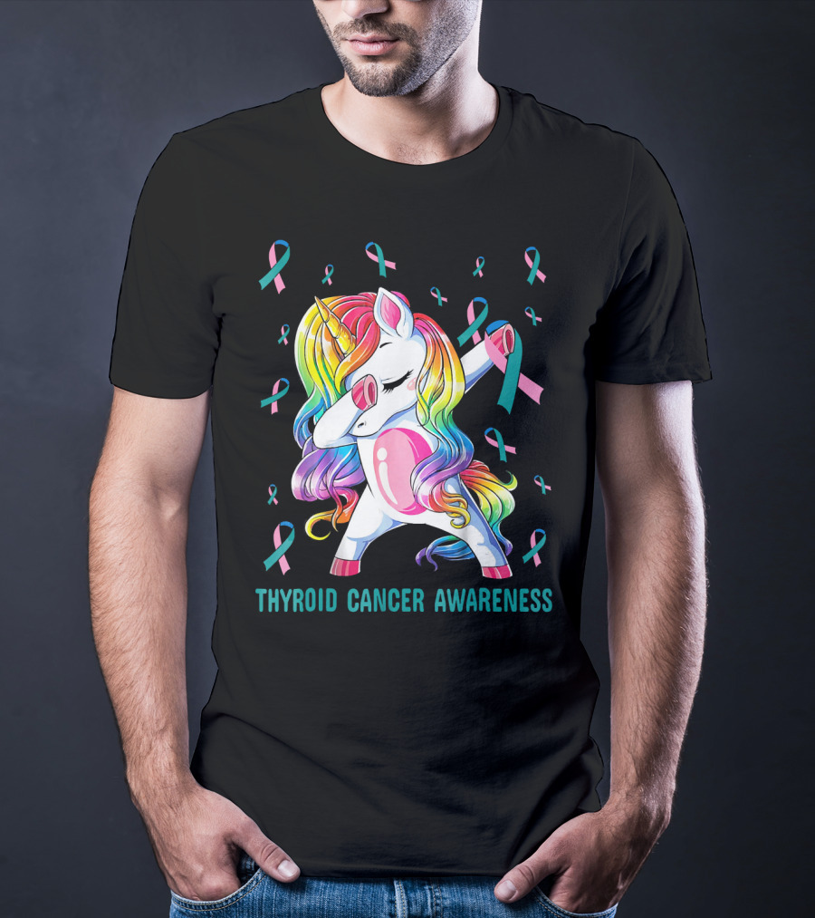 Dabbing Unicorn Rainbow Thyroid Cancer Awareness T-Shirt