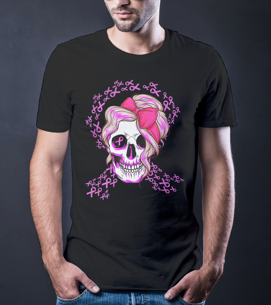 Sugar Skull Pink Ribbon Breast Cancer Awareness T-Shirt