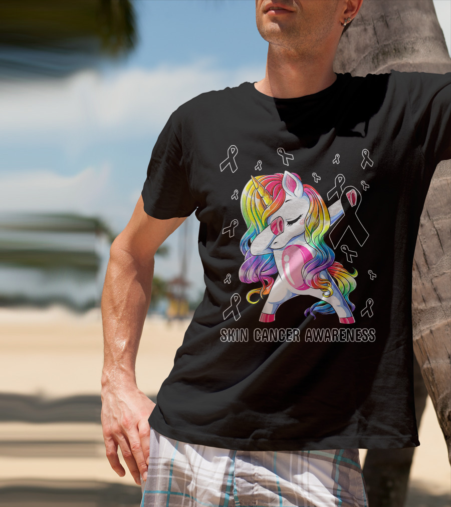 Skin Cancer Awareness Unicorn Dabbing With Ribbons T-Shirt