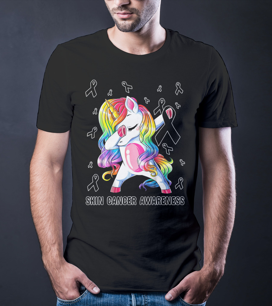 Skin Cancer Awareness Unicorn Dabbing With Ribbons T-Shirt