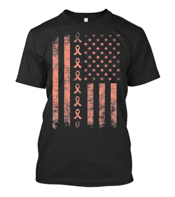 Uterine Cancer Awareness Ribbon American Flag Peac T-Shirt