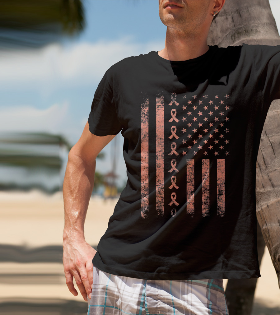 Uterine Cancer Awareness Ribbon American Flag Peac T-Shirt