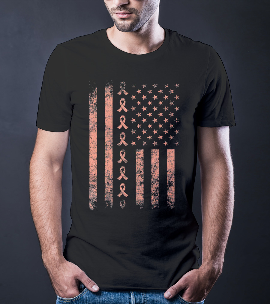 Uterine Cancer Awareness Ribbon American Flag Peac T-Shirt