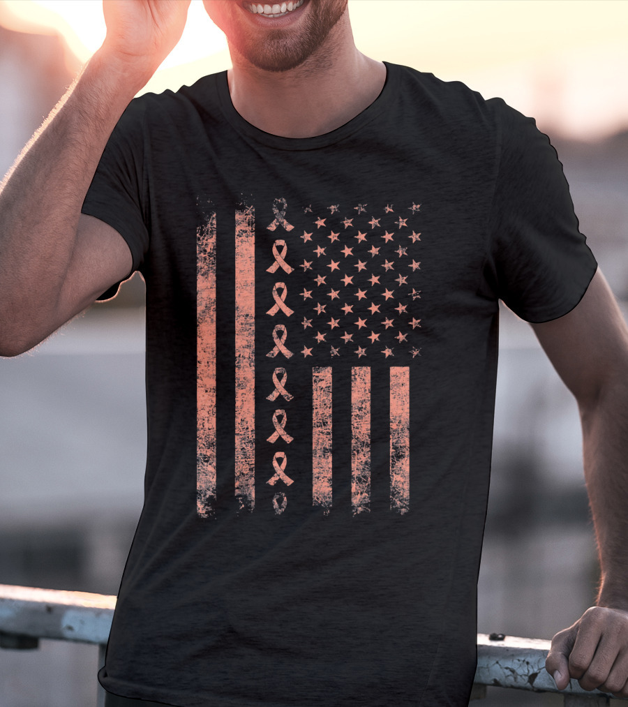 Uterine Cancer Awareness Ribbon American Flag Peac T-Shirt