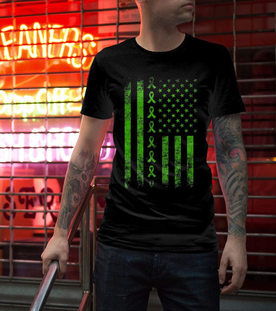 Lymphoma Cancer Awareness Lime Green Ribbon American Flag T-Shirt