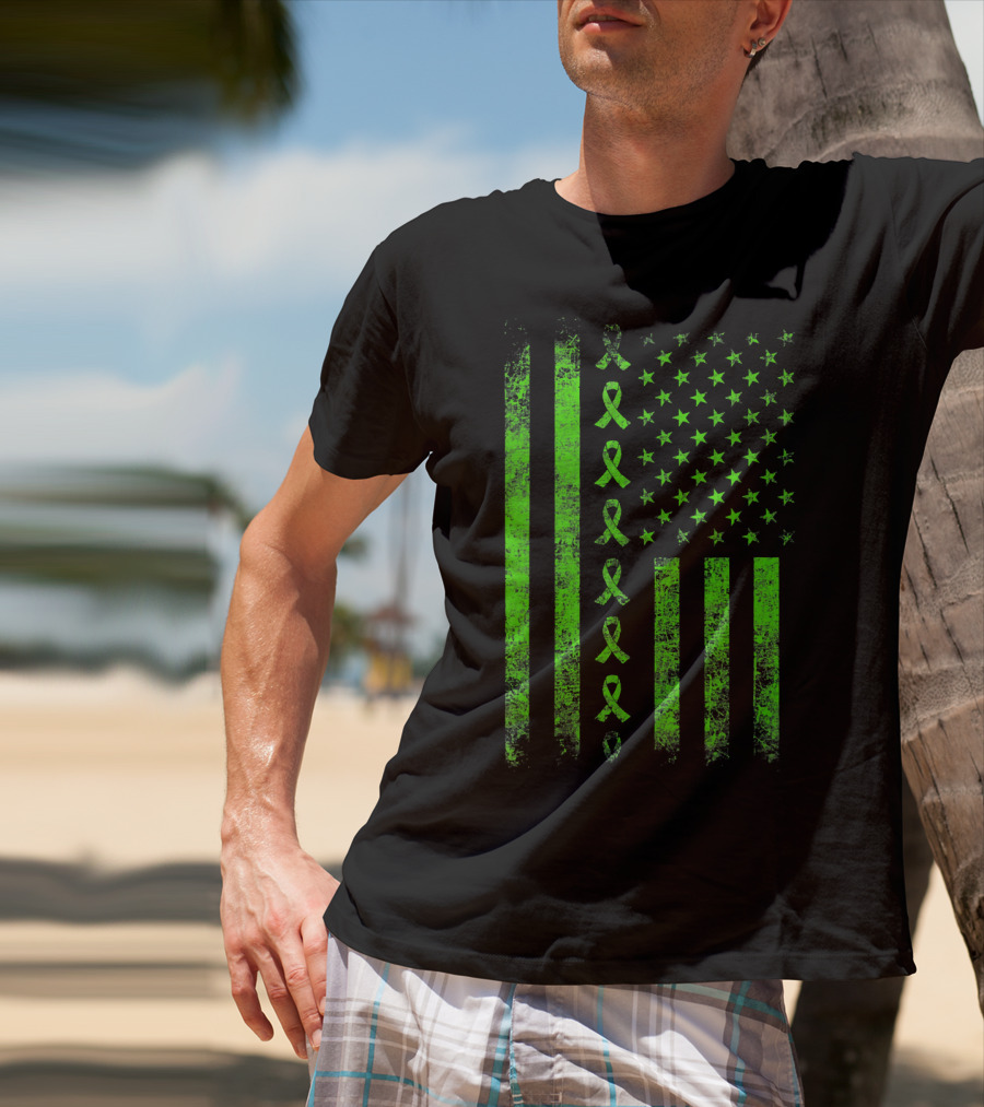 Lymphoma Cancer Awareness Lime Green Ribbon American Flag T-Shirt