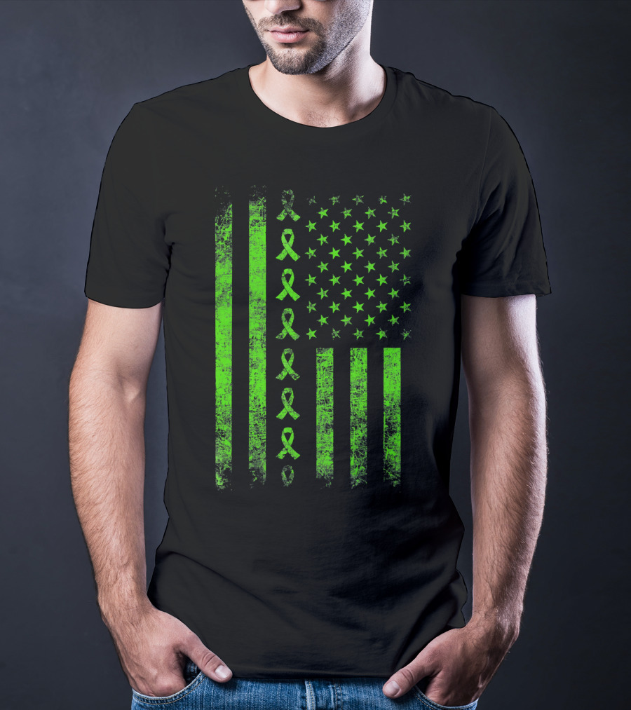 Lymphoma Cancer Awareness Lime Green Ribbon American Flag T-Shirt