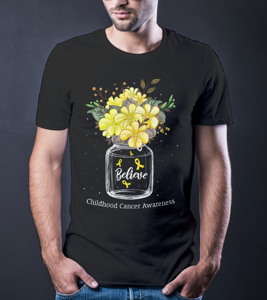 Believe Yellow Ribbon Childhood Cancer Awareness Flower Bouquet T-Shirt