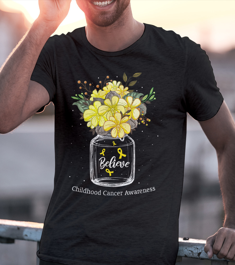 Believe Yellow Ribbon Childhood Cancer Awareness Flower Bouquet T-Shirt