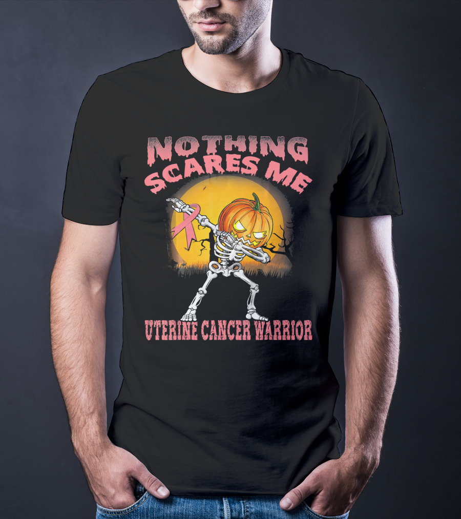 Nothing Scares Me Uterine Cancer Warrior Dabbing Skeleton Pumpkin T-Shirt