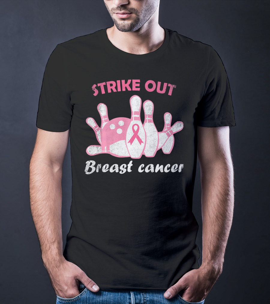Strike Out Breast Cancer Pink Ribbon Bowling Pins And Ball T-Shirt