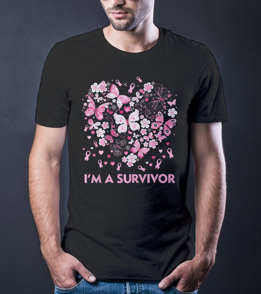 I'm A Survivor Heart Pink Ribbon Butterfly Flowers T-Shirt