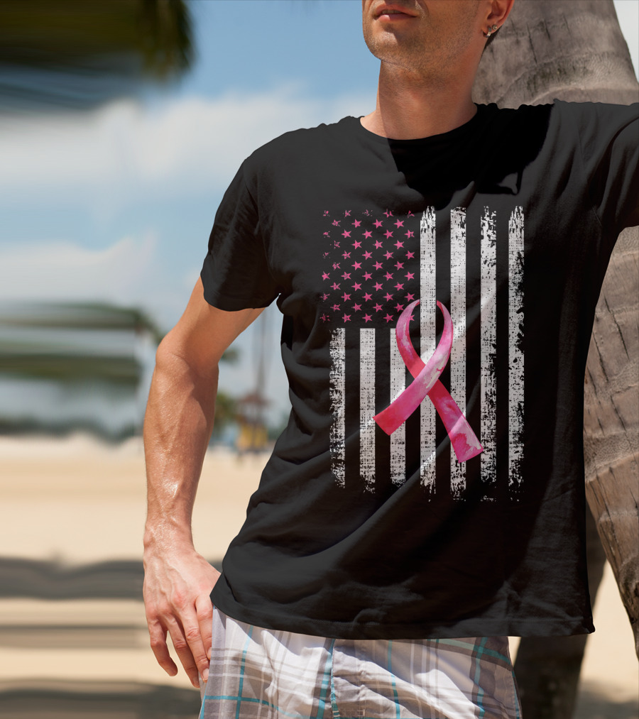 Breast Cancer Awareness Pink Ribbon American Flag Fight T-Shirt