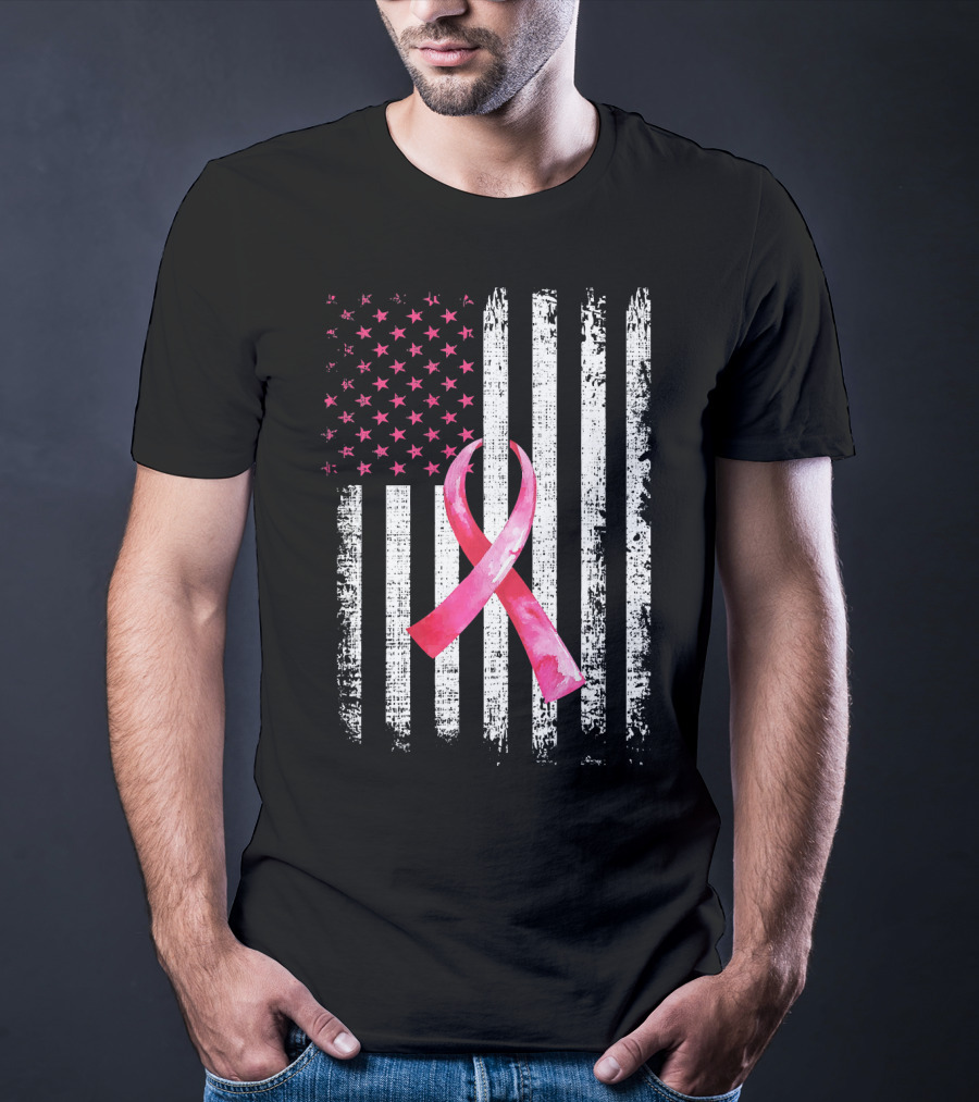 Breast Cancer Awareness Pink Ribbon American Flag Fight T-Shirt