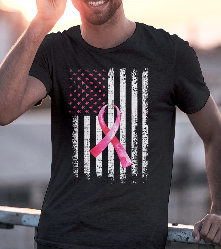 Breast Cancer Awareness Pink Ribbon American Flag Fight T-Shirt