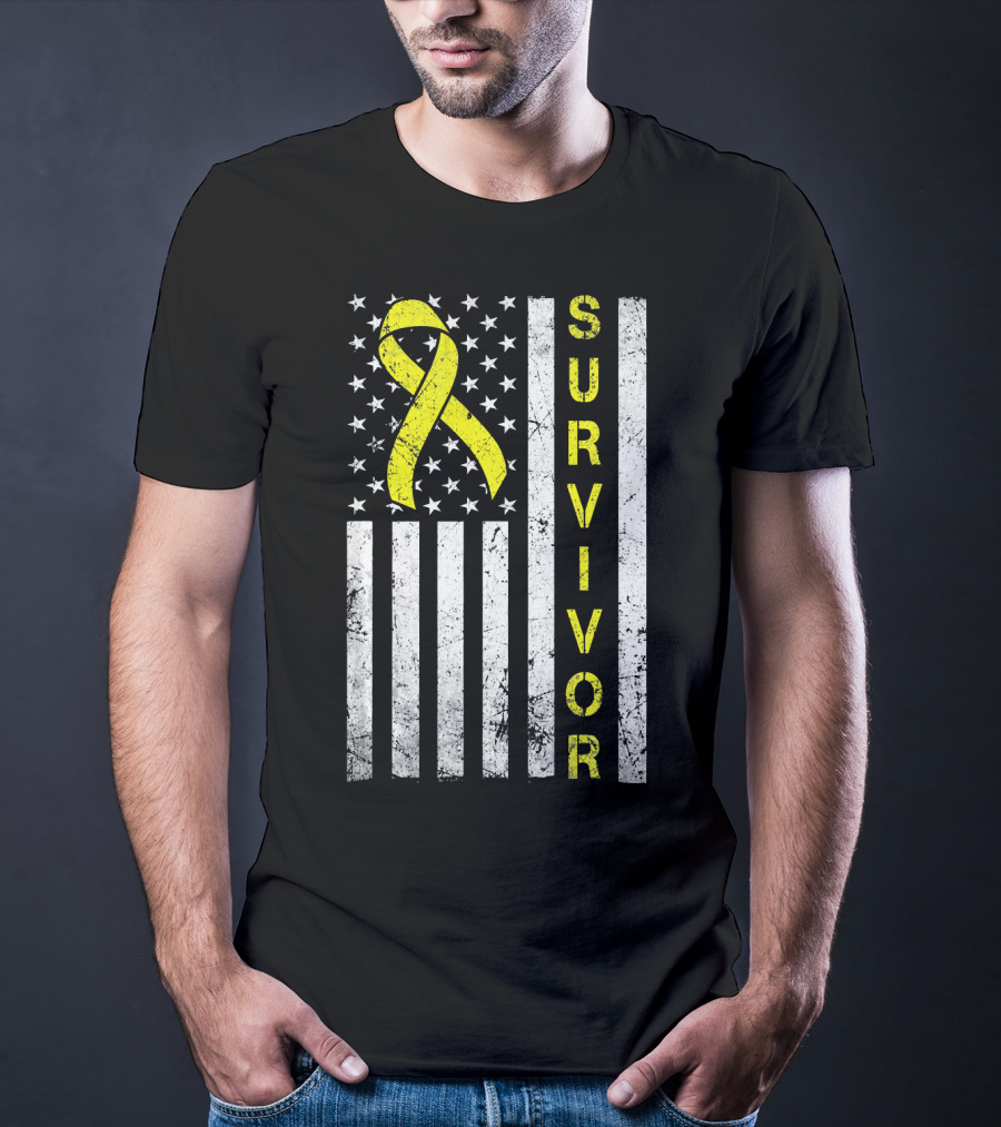 Survivor Yellow Ribbon USA Flag Childhood Cancer Awareness T-Shirt