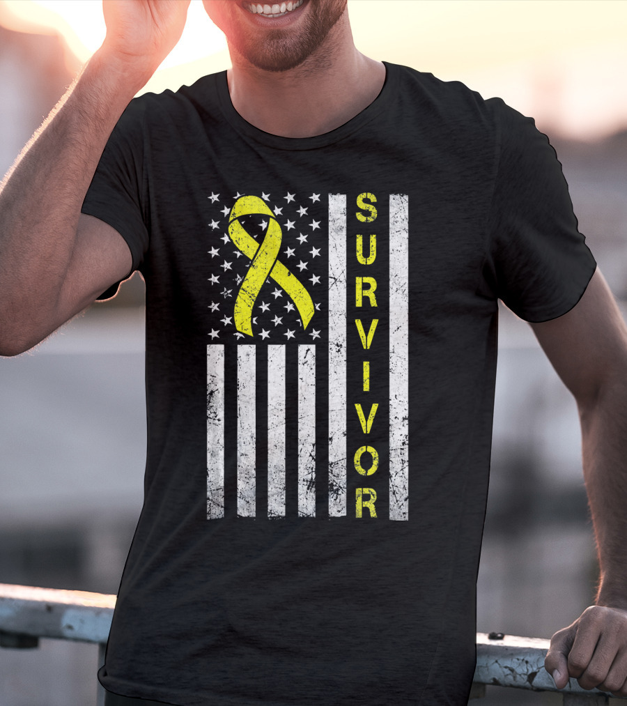 Survivor Yellow Ribbon USA Flag Childhood Cancer Awareness T-Shirt
