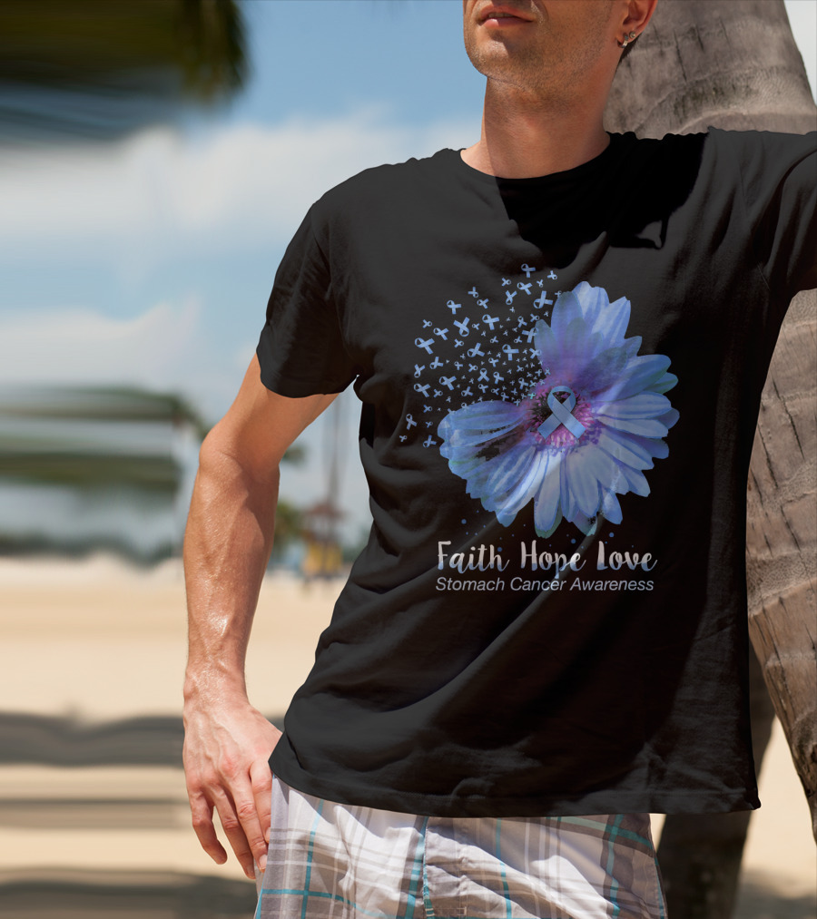 Faith Hope Love Stomach Cancer Awareness Blue Flower T-Shirt