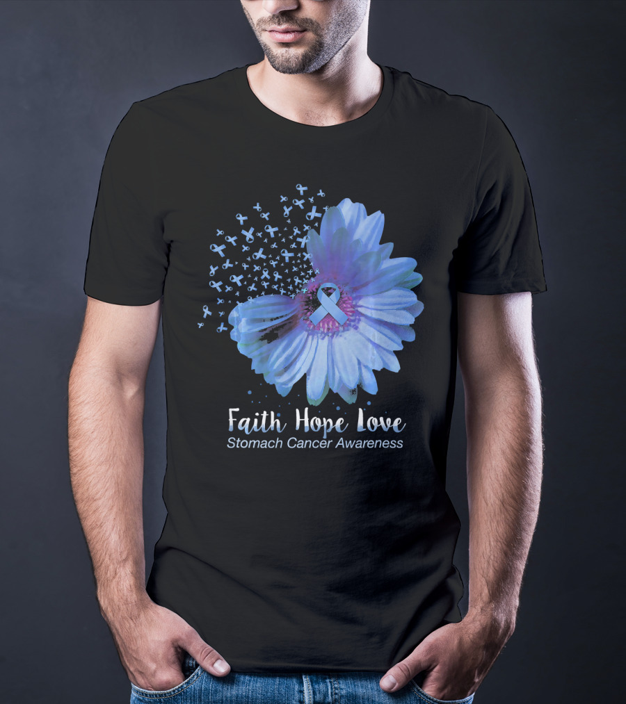 Faith Hope Love Stomach Cancer Awareness Blue Flower T-Shirt