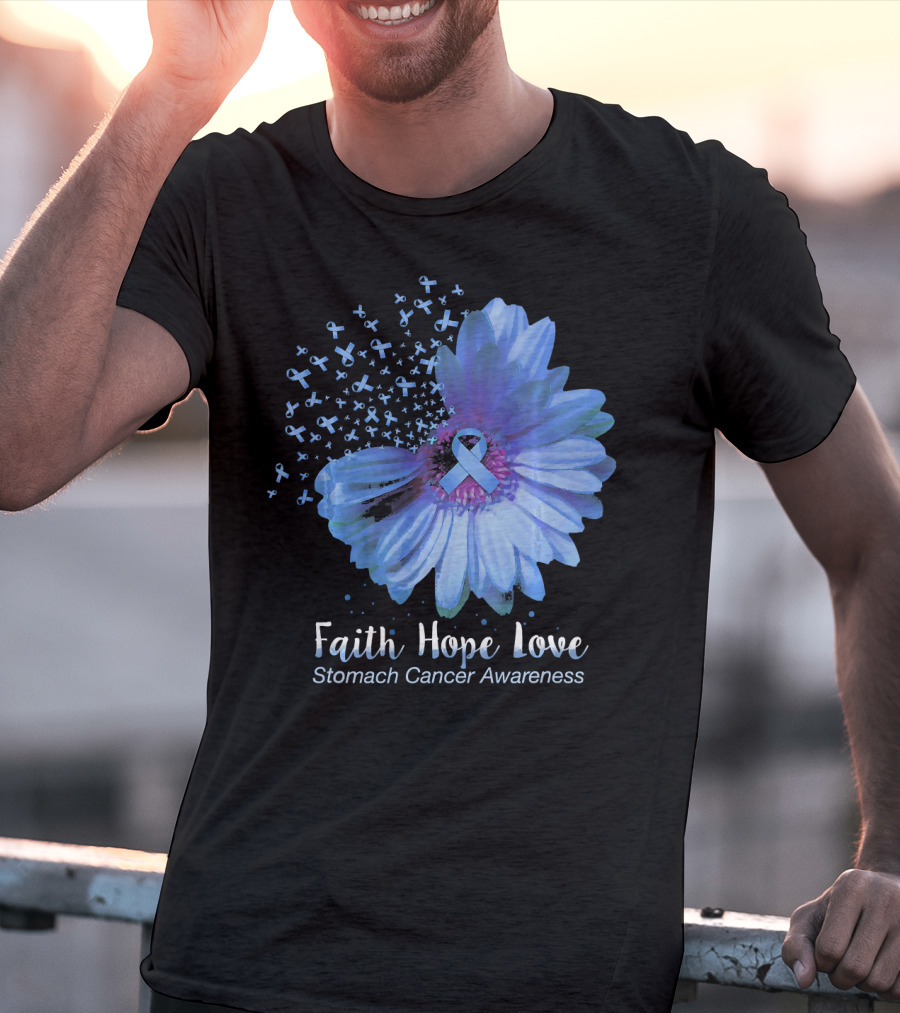 Faith Hope Love Stomach Cancer Awareness Blue Flower T-Shirt