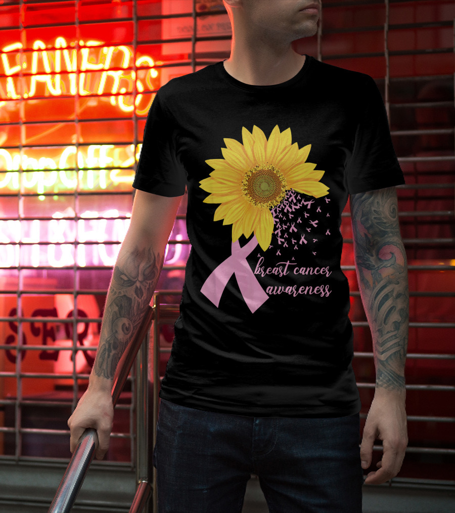 Breast Cancer Awareness Sunflower Pink Ribbon T-Shirt