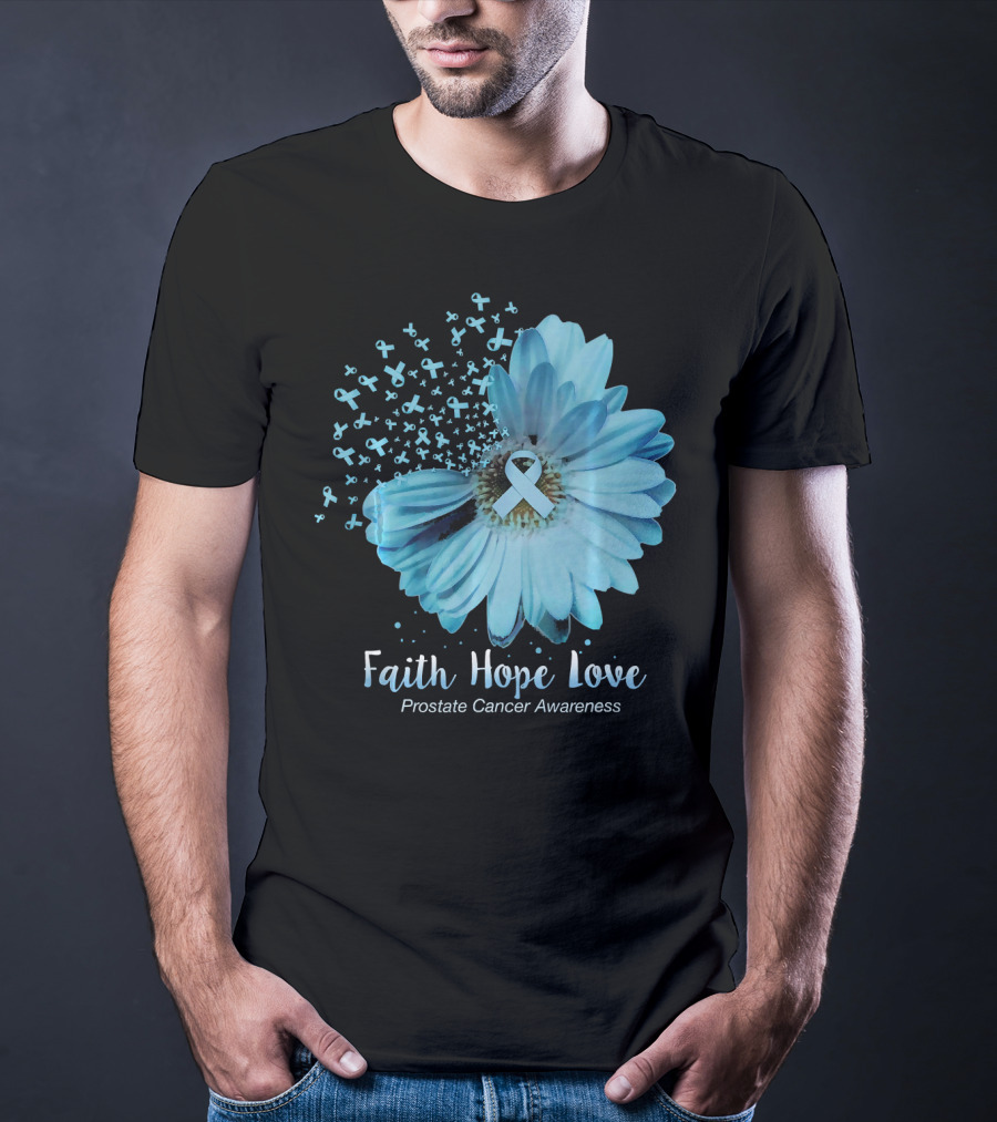Faith Hope Love Prostate Cancer Awareness Blue Ribbon Flower T-Shirt