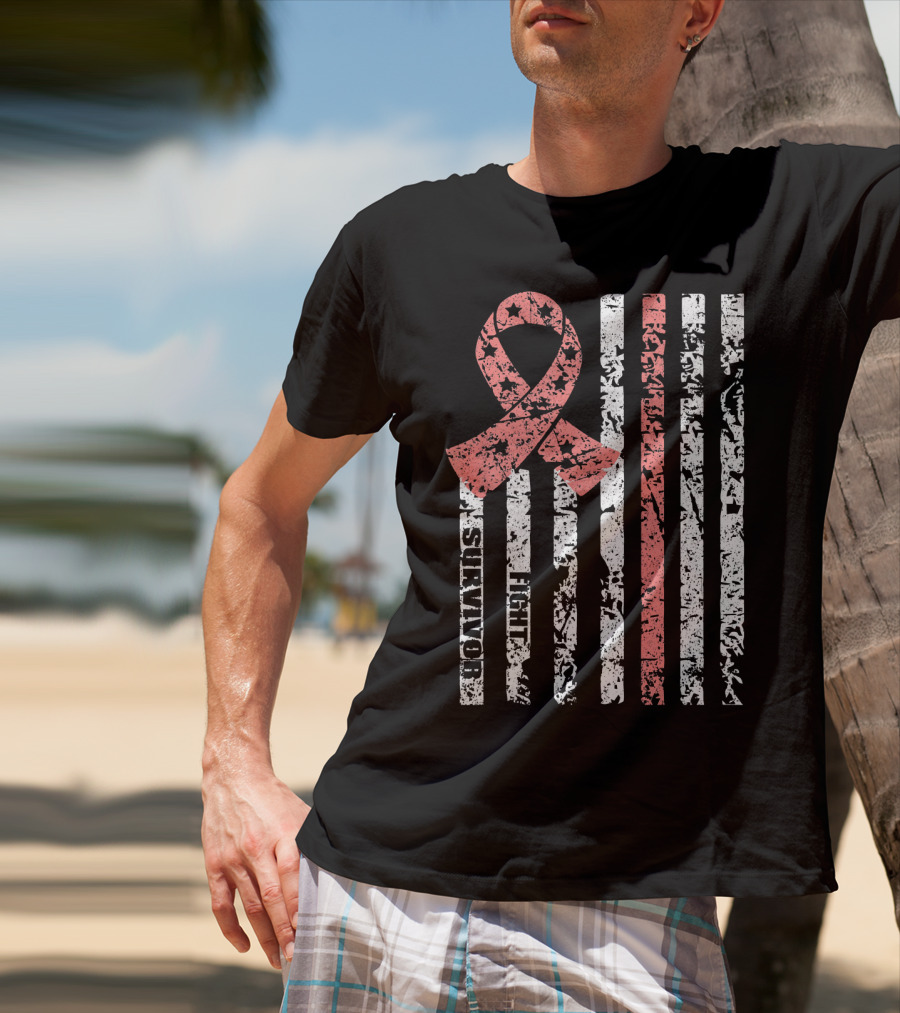 Cool Uterine Cancer Awareness Survivor Fight Ribbon Flag T-Shirt