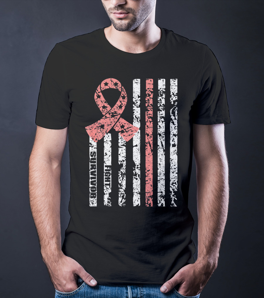 Cool Uterine Cancer Awareness Survivor Fight Ribbon Flag T-Shirt