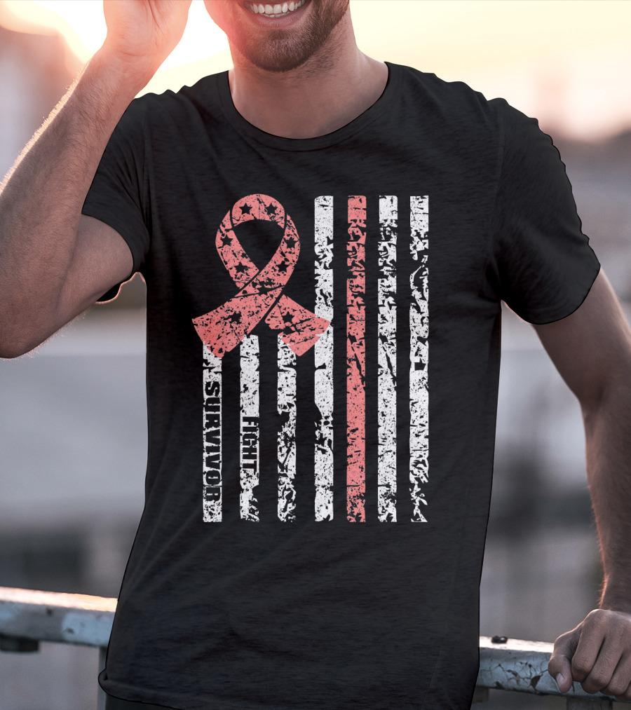 Cool Uterine Cancer Awareness Survivor Fight Ribbon Flag T-Shirt