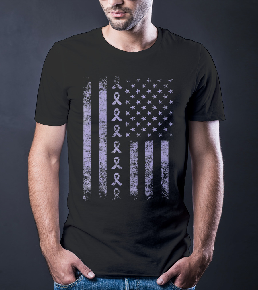 Orchid Testicular Cancer Awareness Purple Ribbon US Flag T-Shirt