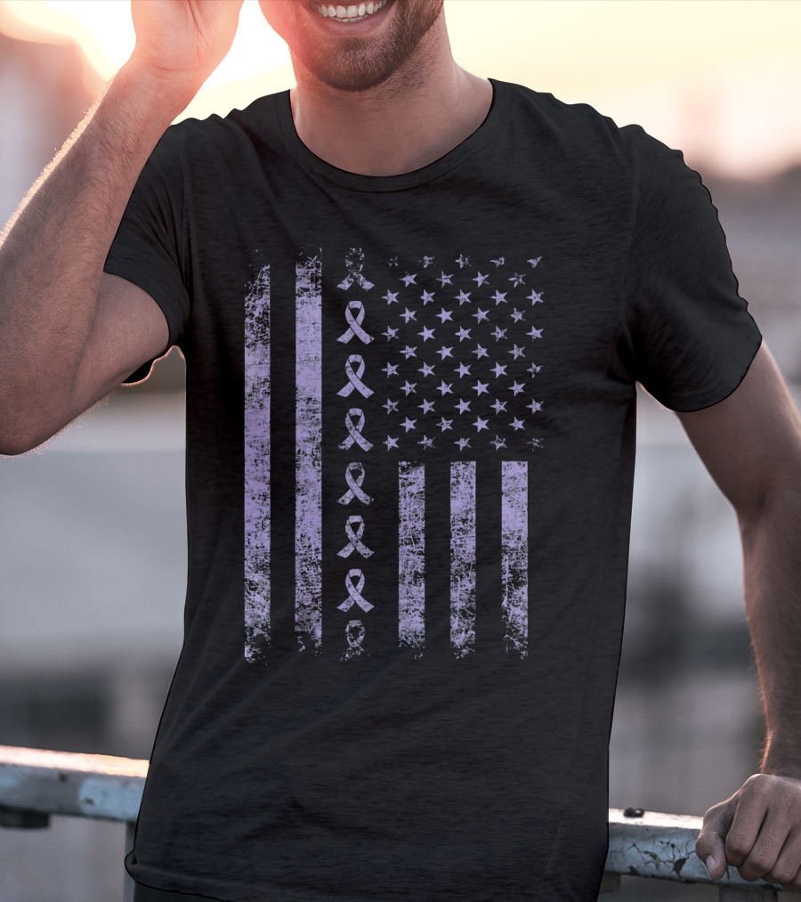 Orchid Testicular Cancer Awareness Purple Ribbon US Flag T-Shirt