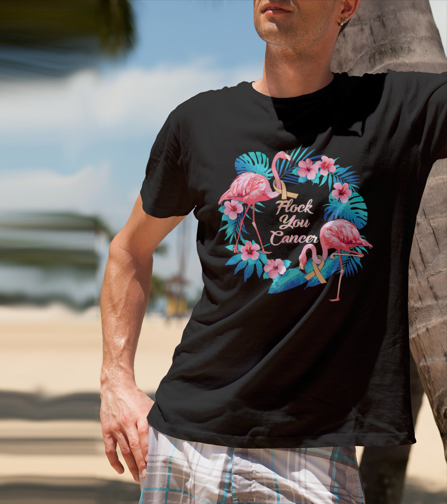 Flock You Cancer Funny Uterine Cancer Awareness Flamingo Floral T-Shirt