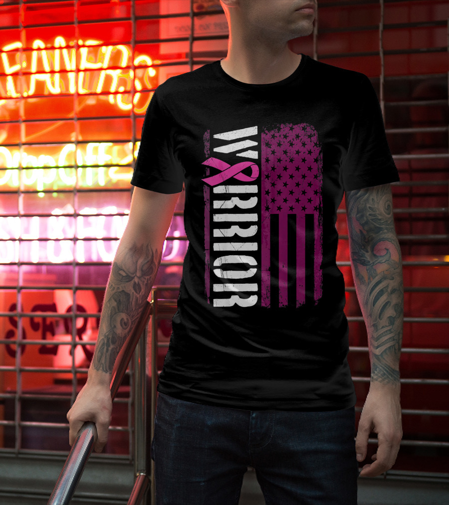 WARRIOR Breast Cancer Awareness Pink Ribbon American Flag T-Shirt
