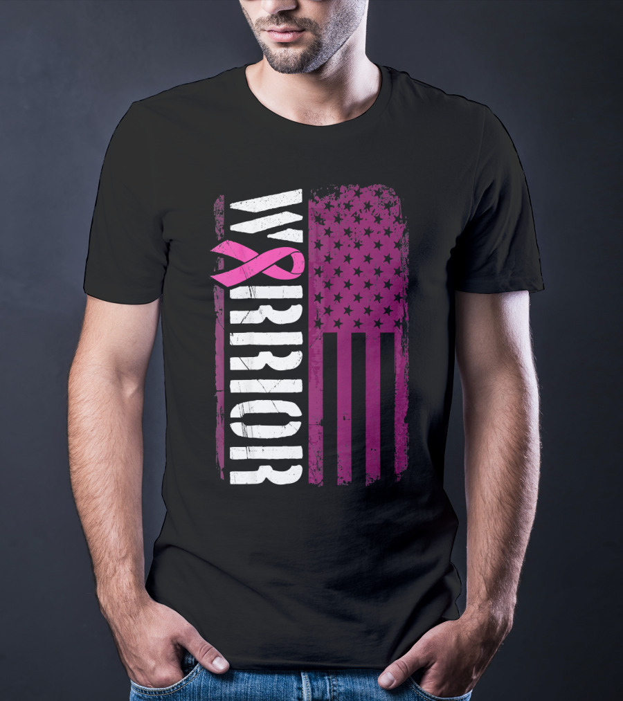 WARRIOR Breast Cancer Awareness Pink Ribbon American Flag T-Shirt