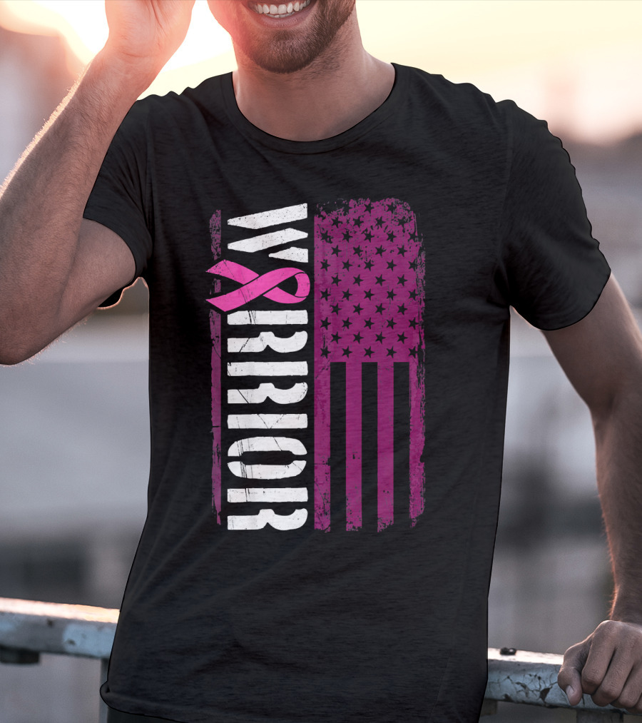 WARRIOR Breast Cancer Awareness Pink Ribbon American Flag T-Shirt