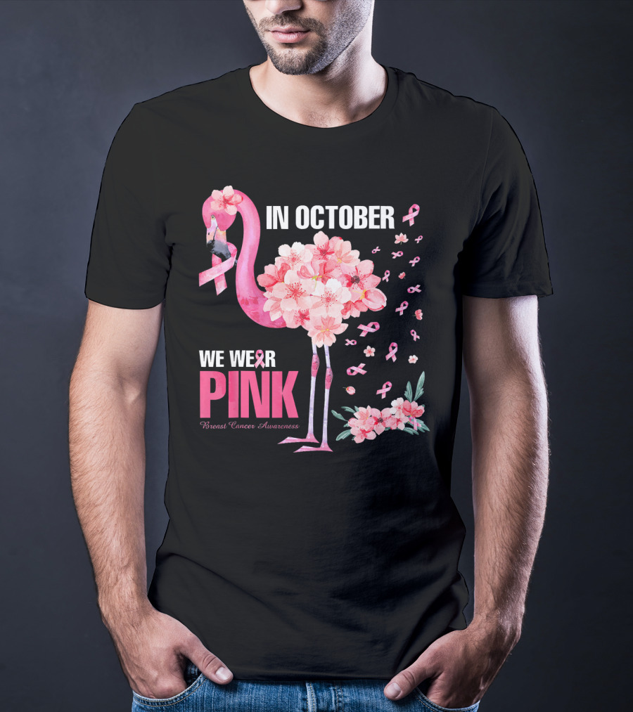 In October We Wear Pink Breast Cancer Awareness Flamingo Cherry Blossom T-Shirt