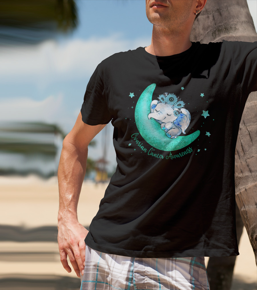 Ovarian Cancer Awareness Cute Elephant On The Moon T-Shirt