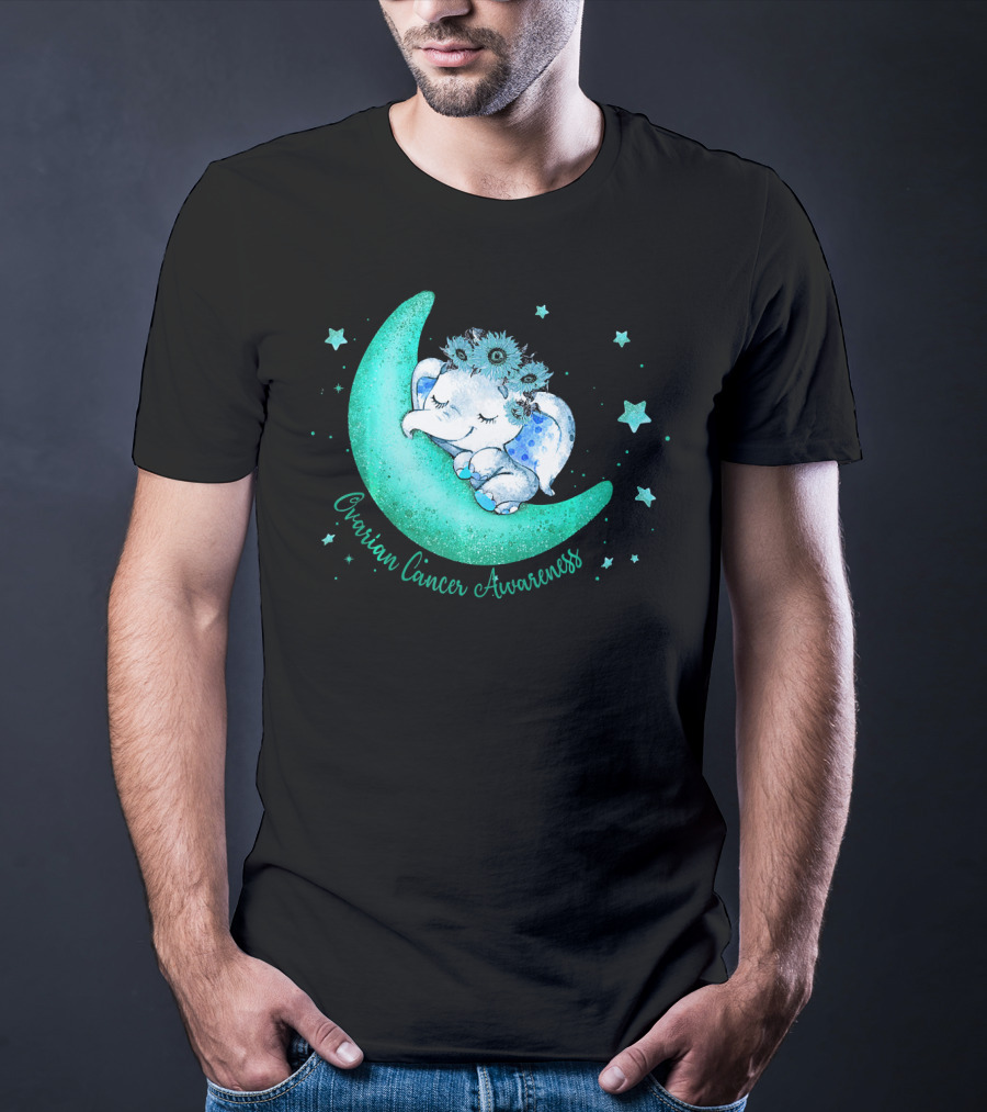 Ovarian Cancer Awareness Cute Elephant On The Moon T-Shirt