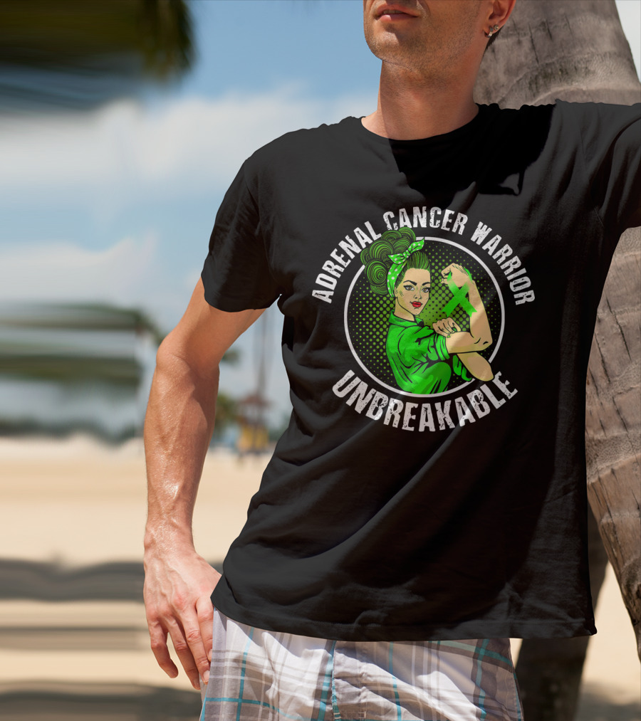 Adrenal Cancer Warrior Unbreakable Rosie The Riveter Green T-Shirt