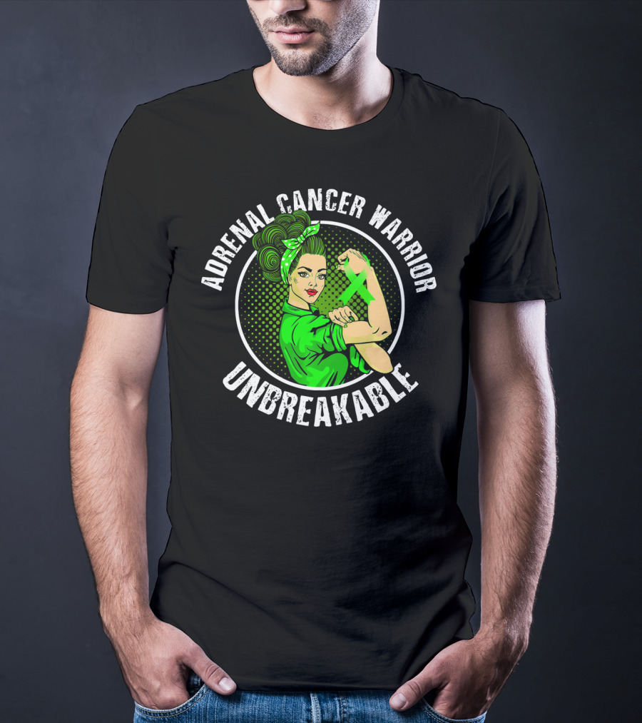 Adrenal Cancer Warrior Unbreakable Rosie The Riveter Green T-Shirt
