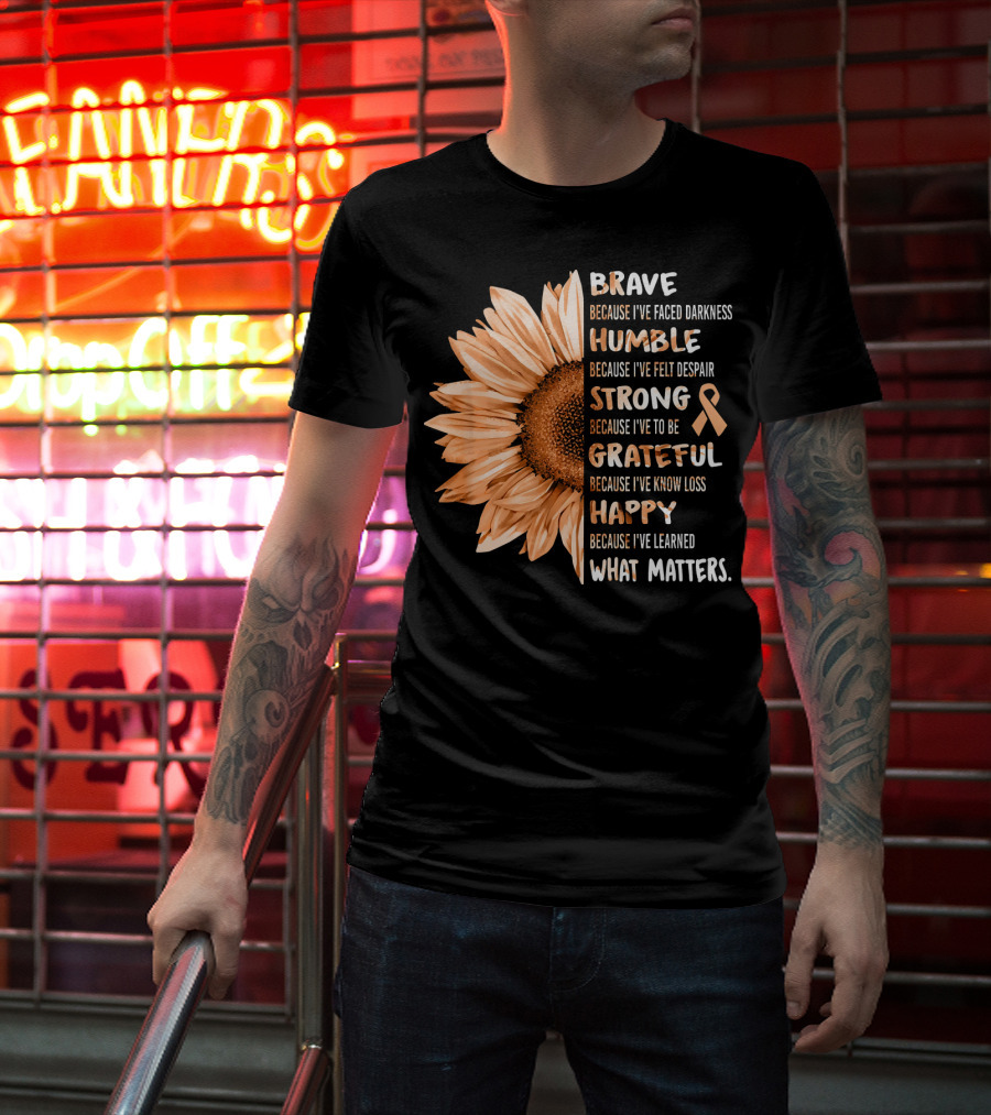 Brave Humble Strong Grateful Happy Sunflower Peach Ribbon Uterine Cancer T-Shirt