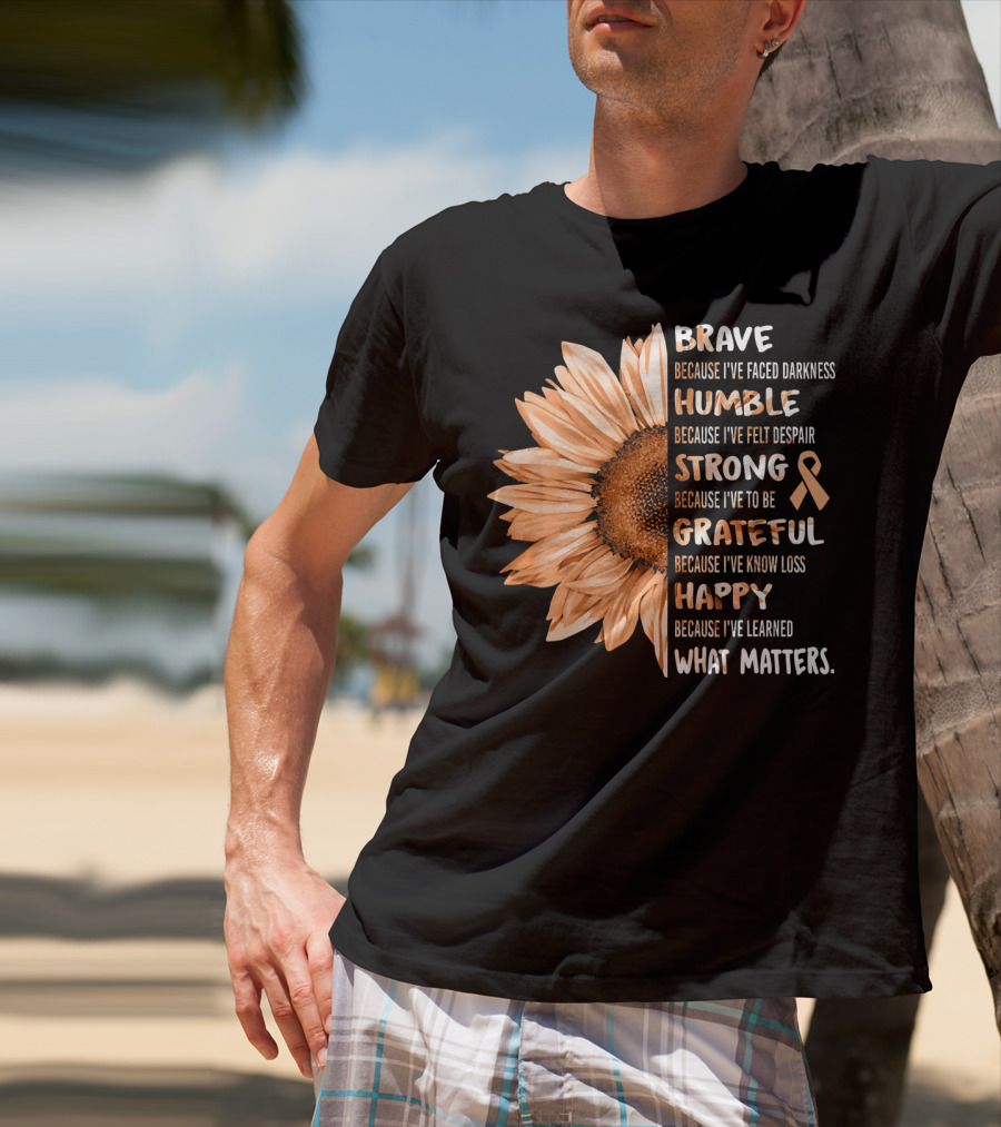 Brave Humble Strong Grateful Happy Sunflower Peach Ribbon Uterine Cancer T-Shirt
