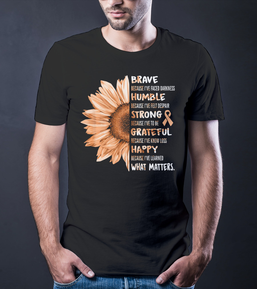 Brave Humble Strong Grateful Happy Sunflower Peach Ribbon Uterine Cancer T-Shirt