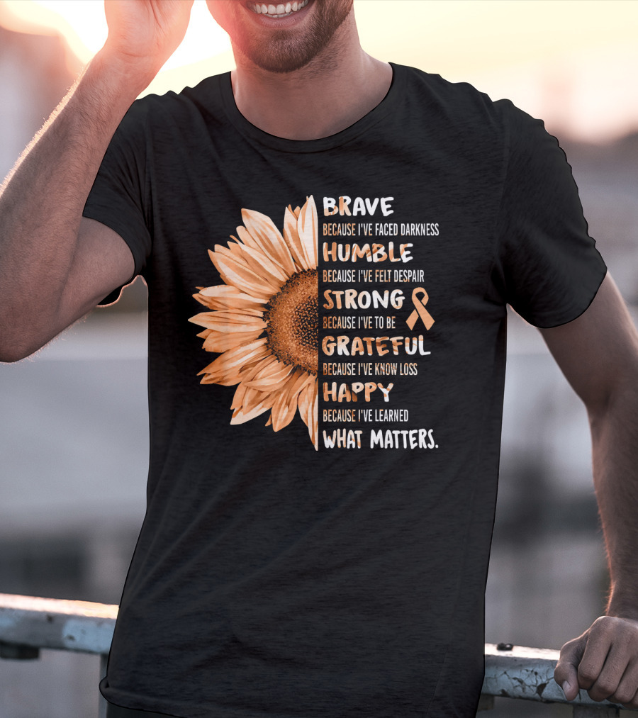 Brave Humble Strong Grateful Happy Sunflower Peach Ribbon Uterine Cancer T-Shirt